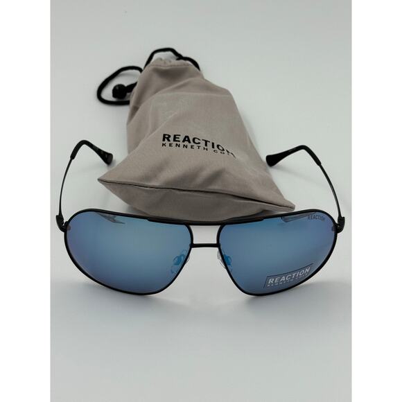 Kenneth Cole Reaction Black Aviator Sunglasses with Blue Mirror Lenses & Case - Picture 1 of 3